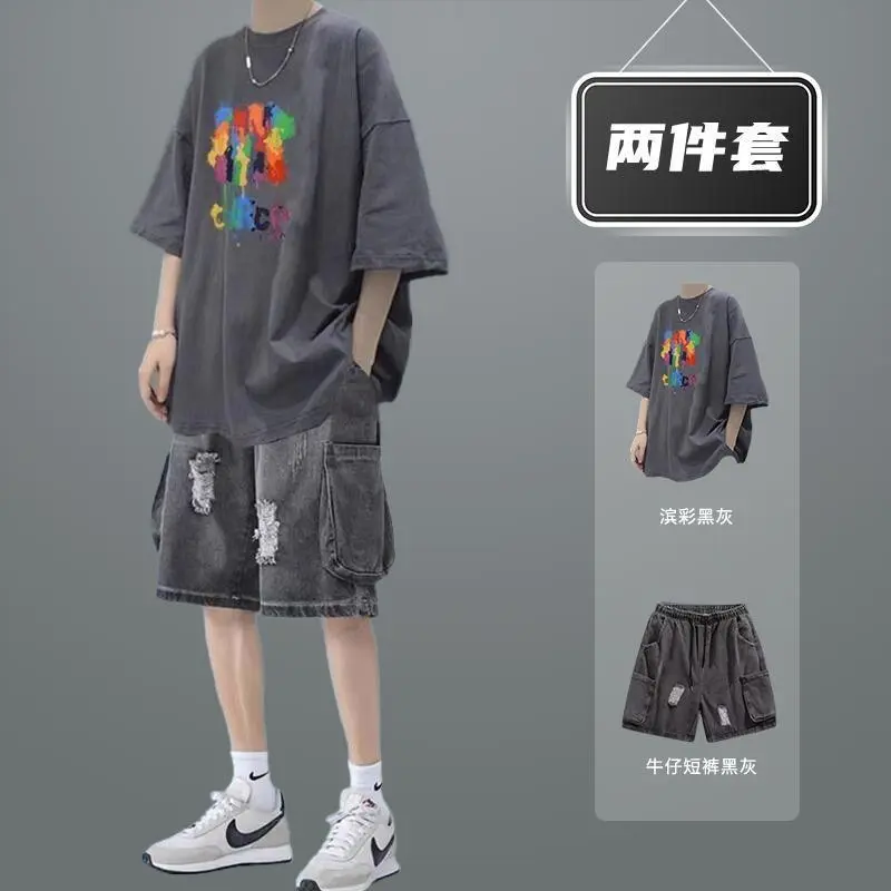 Bộ Đồ Ngắn Mùa Hè, Bộ Áo Thun Nam Dáng Rộng Hợp Xu hướng Với Quần Short Denim Đẹp Trai Tuyệt Vời Bộ Đồ Hai Mảnh Menswear Polo Có Cổ