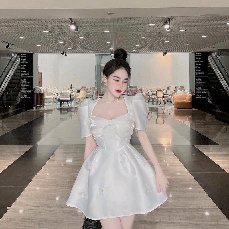 Đầm thiết kế xoè phồng ly mầu trắng tay bồng phối nơ chân váy xoè A 4 ly. Đầm đẹp dự tiệc. Nữ Women Voan Dress Màu Trắng