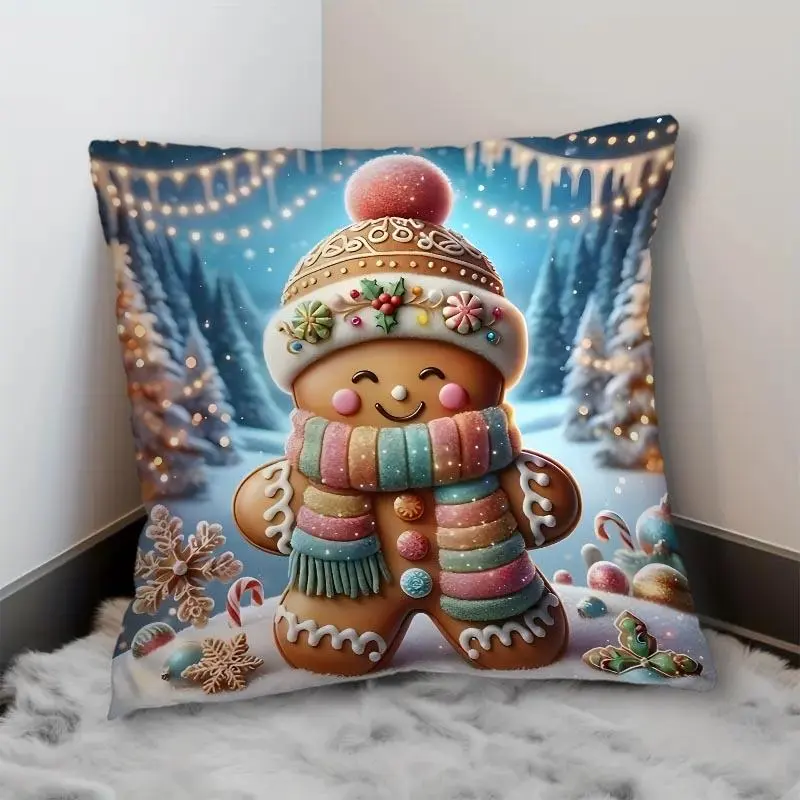 Cartoon Gingerbread Man Pattern Cushion Cover, 1 Count Square Throw Pillow Cover, Household Decoration Supplies for Home Living Room Sofa Bed 4