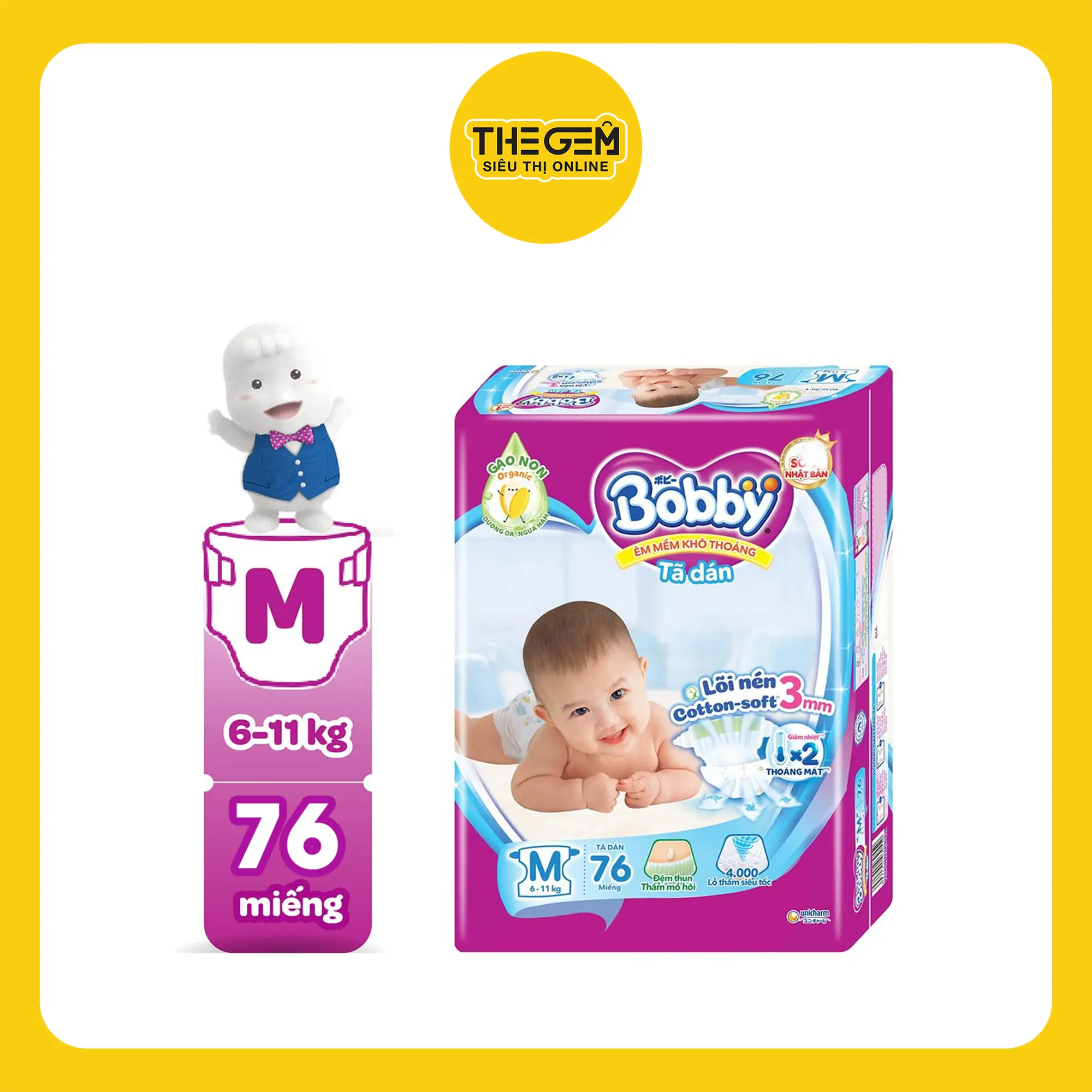 Tã dán Bobby lõi nén cotton-soft 3mm M76 cho bé