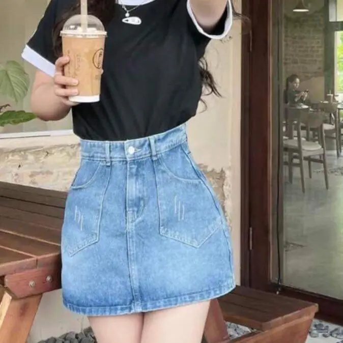 Chân váy jaens túi sước cạp cao có lót quần dáng chữ A (from nhỏ)