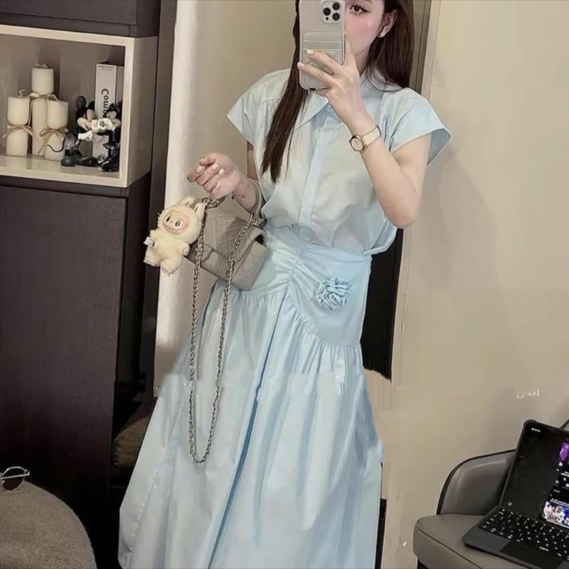 Mã B04 Set TKCC Áo sơ mi xanh tay hến & cv xoè dài midi nhún eo đính bông