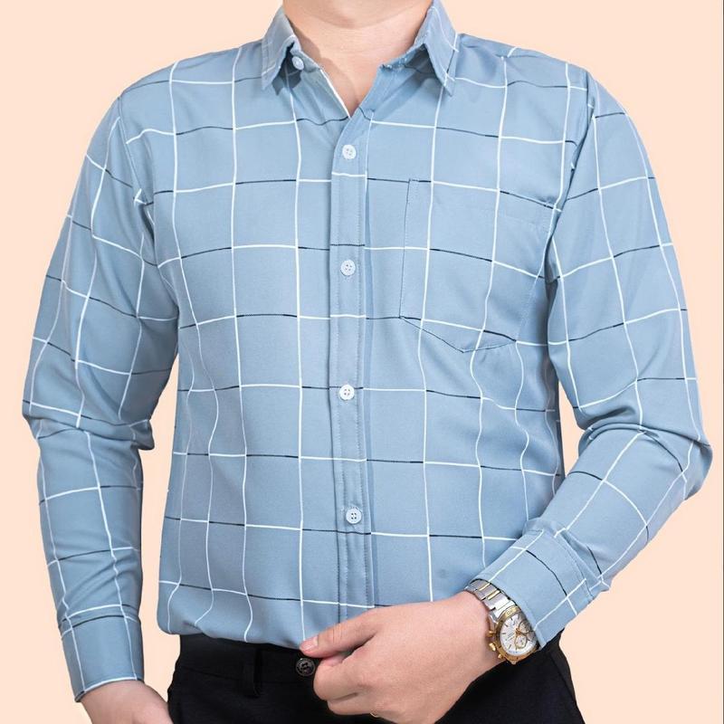 Áo sơ mi nam caro dài tay lụa hàn chống nhăn Menswear Nam Có Cổ