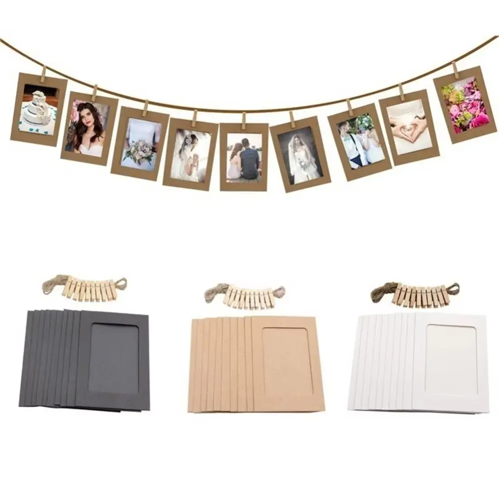 10 Pcs Easy To Use 2M Rope DIY Kraft Paper Picture Frame with Clips Home Decoration Craft Hanging Wall Photos Multi-function Picture Photo Frame Home
