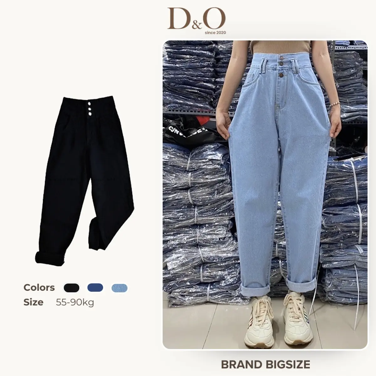 [Bigsize 54-88kg] Quần Baggy Jean 3 Nút, 2 Màu Đá/ Nhạt, Lưng Siêu Cao, Không Giãn Nữ Pants Denim quanjean den