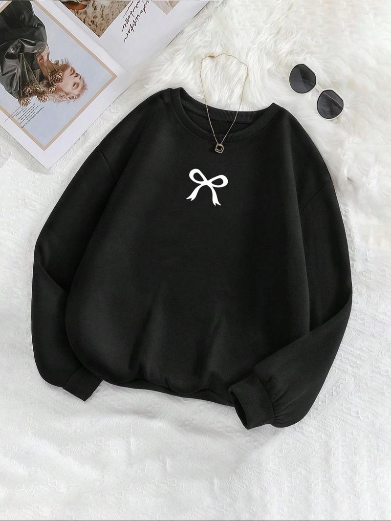 Product Introduction of Women's Bow Print Crew Neck Sweatshirt, Casual Long Sleeve Pullover for Daily Wear, Ladies Clothes for All Seasons 1