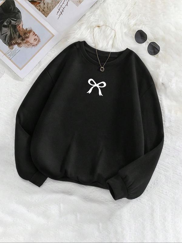 Women's Bow Print Crew Neck Sweatshirt, Casual Long Sleeve Pullover for Daily Wear, Ladies Clothes for All Seasons 0