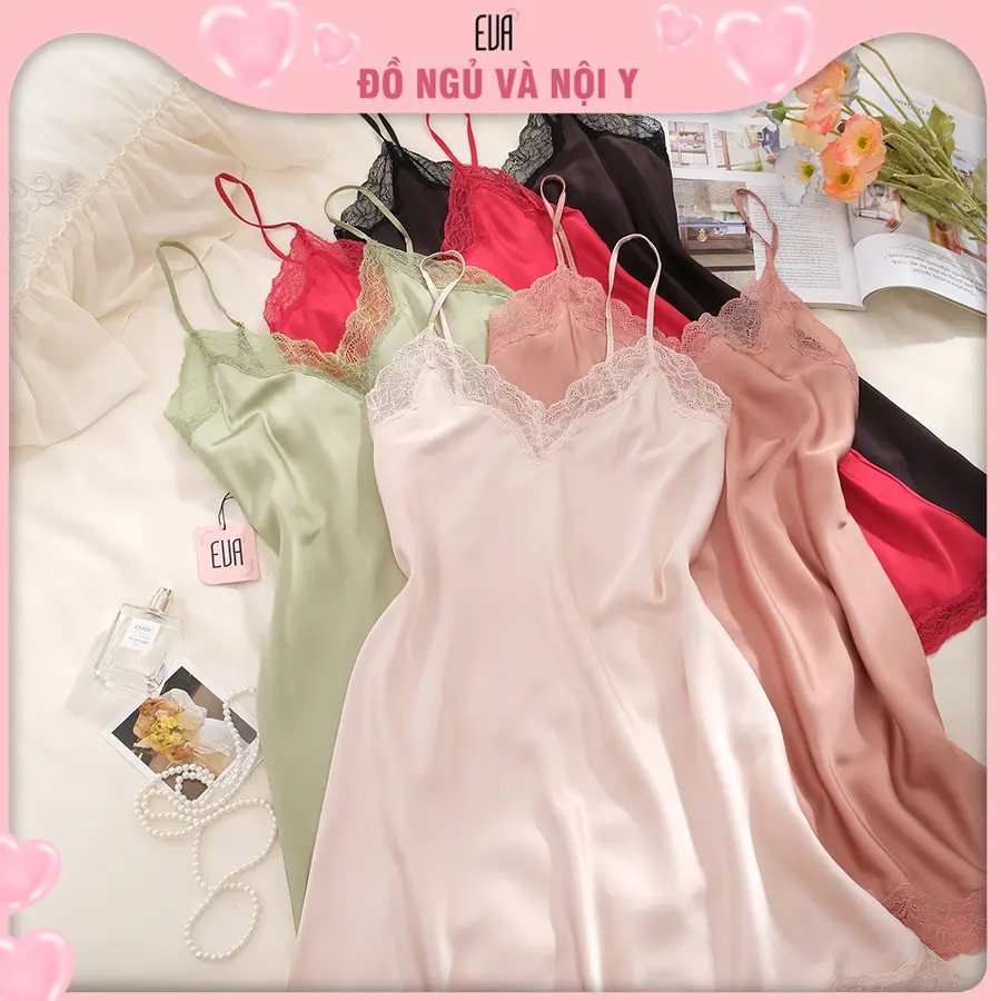 EVA Store - Váy ngủ 2 dây dáng suông phối ren mềm D685 chất liệu lụa Satin phong cách quyến rũ dành cho Nữ 1 kích thước 5 màu sắc
