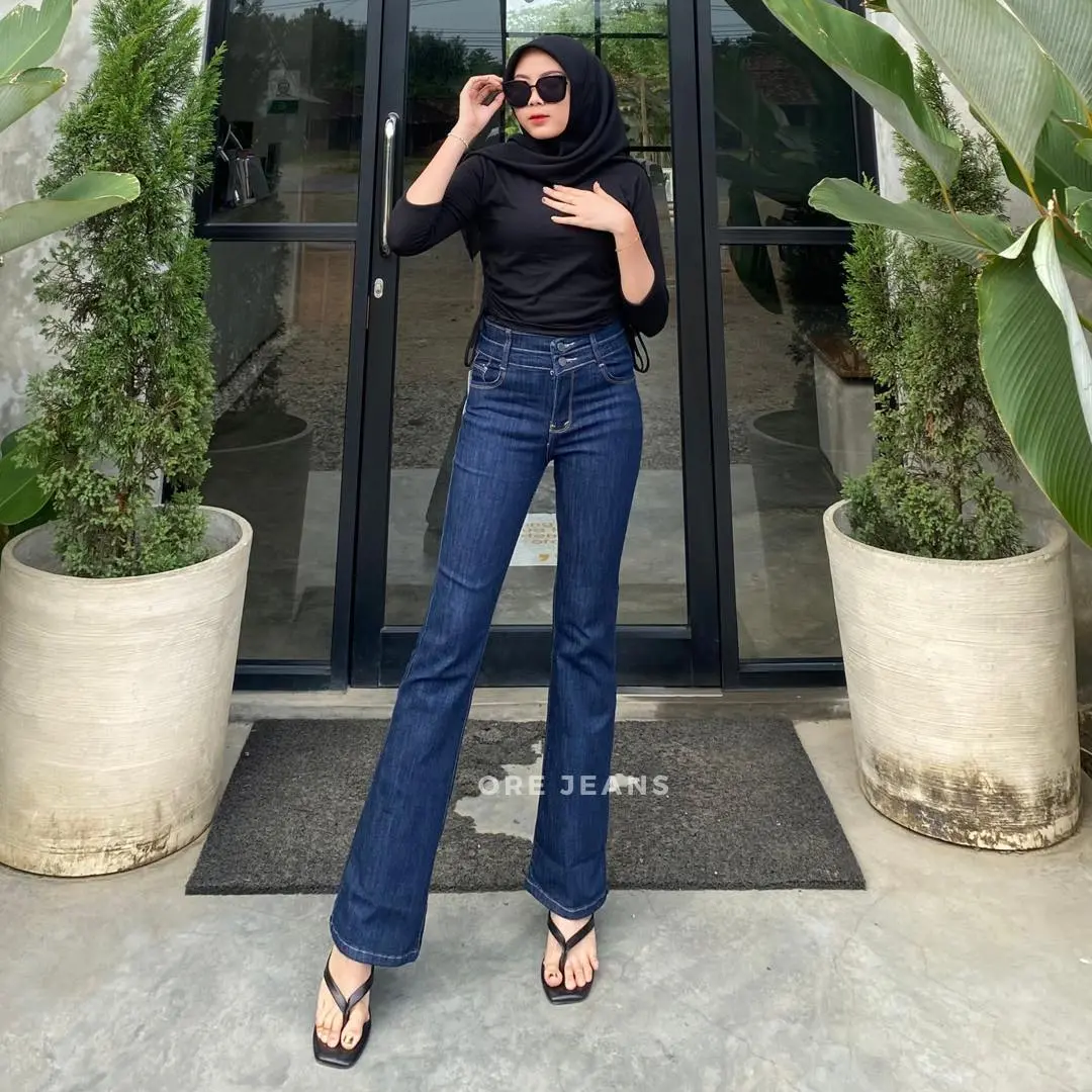 ORE -Celana Amaly Cutbray Jeans Stretch Garment Hitam Kancing 2 Size 27-38  Kaki Nyaman