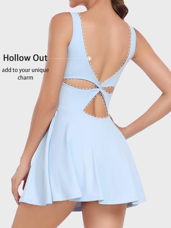 Sporty Women's Plain Twist Cut Out Backless Built-In Shorts Tennis Dress, Sports Sweetheart Neck Pocket Sleeveless Dress for Tennis Golf Workout, Ladies Sportswear for All Seasons Valentine's Day, gift 4