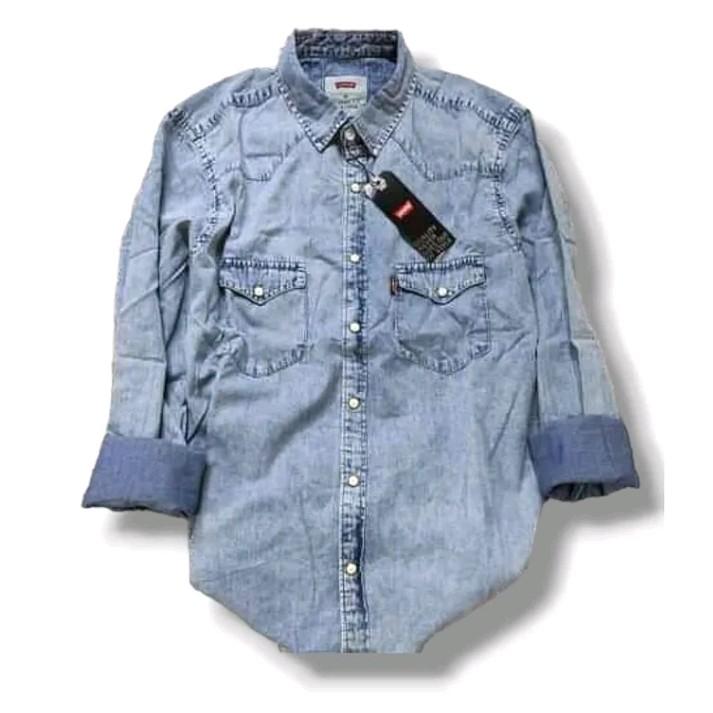 Kemeja Denim Pria Lengan Panjang/Kemeja Jeans Model Distro High' Quality Kemeja Denim Pria Size M, L, XL Panjang 5