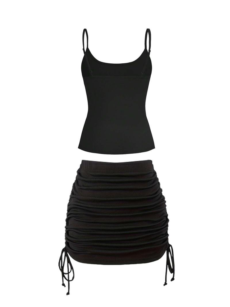 Product Introduction of Two-Piece Set Women's Solid Color Cami Top & Drawstring Side Skirt, Casual Fashion Cozy Clothing Sets for Daily Outdoor Wear, Ladies Summer Clothes 2
