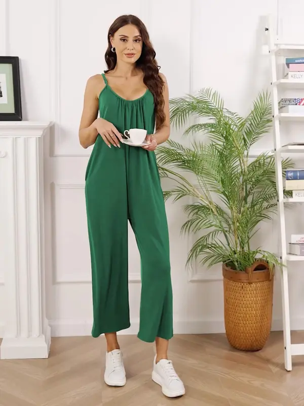 Women's Summer Adjustable Strap Sleeveless Wide Leg Jumpsuit with Pockets, Casual Solid Loose Cami Jumpsuit, Summer Outfits 2024, Jumpsuit for Women, Underwear & Womenswear, Overalls Clothes, Dungarees 4