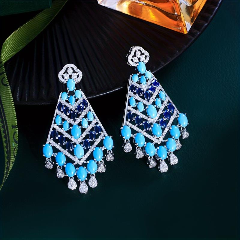 Middle Eastern Luxurious Synthetic Turquoise and Synthetic Zircon Long Tassel Earrings for Women Ethnic Bohemian Bride Wedding Party Jewelry 1