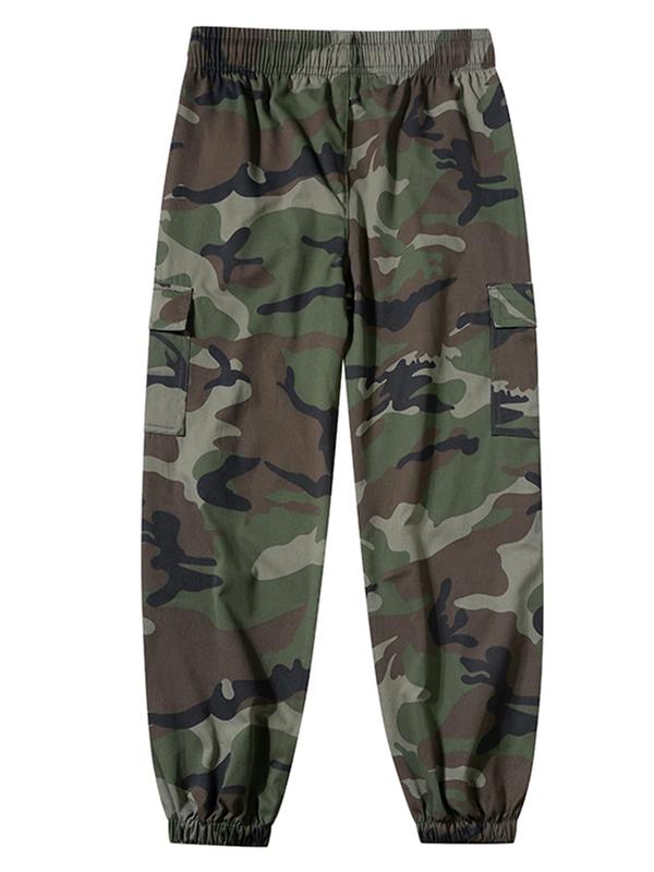 Men's Camo Print Pocket Elastic Waist Cargo Pants, Regular Fit Casual Fashion Trousers for Outdoor Hiking, Woven Bottoms for Men 1