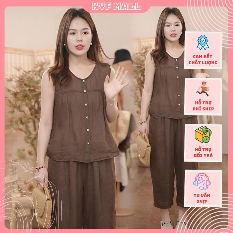 Bộ đũi tơ nữ sát nách bigsize mặc siêu mát quần dài - Set bộ quần áo Ladies - đồ bộ tết Che bụng mỡ Top Women đobo tang me dobo nguoi gia set  bo set  bộ  9  tấc  mặc  nhà