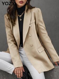 YOZY Women's Solid Double Button Pocket Lapel Blazer, Elegant Long Sleeve Outerwear for Work Office Business, Ladies Spring & Fall Clothes