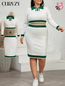 CURVZY Plus Size Colorblock Crop Top & Skirt Two-piece Set, Casual Long Sleeve Top & Skirt, Women's Spring & Fall Outfits