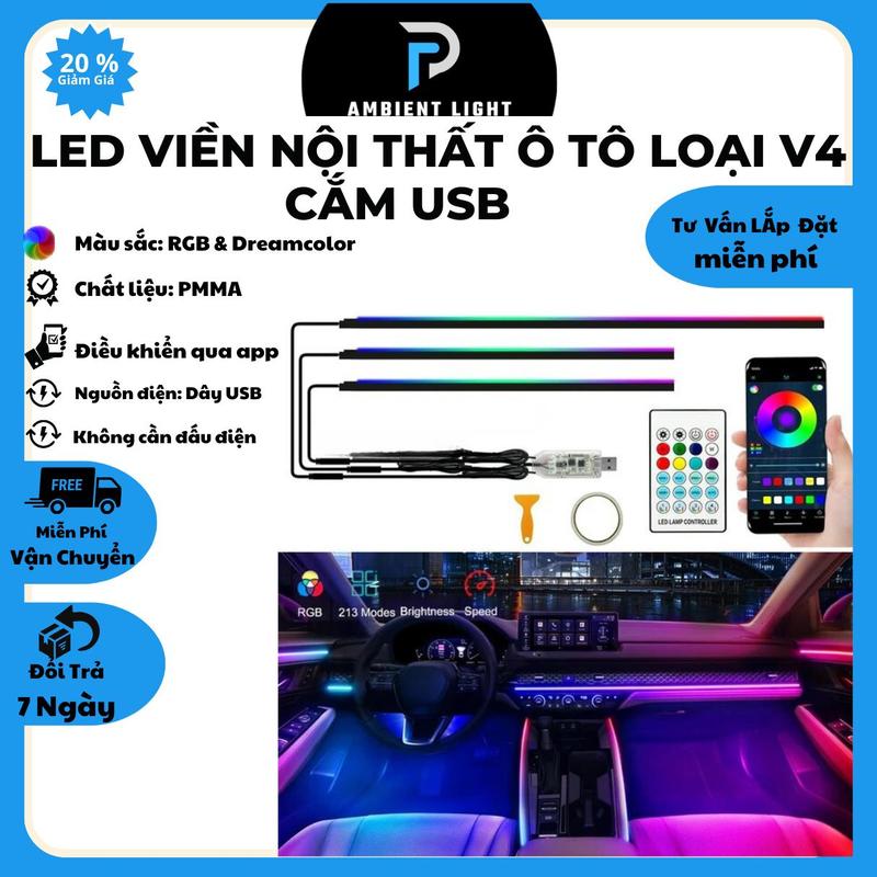 Đèn led viền nội thất ô tô V2Led Thế Hệ Mới dải acrylic 110cm điều khiển theo app
