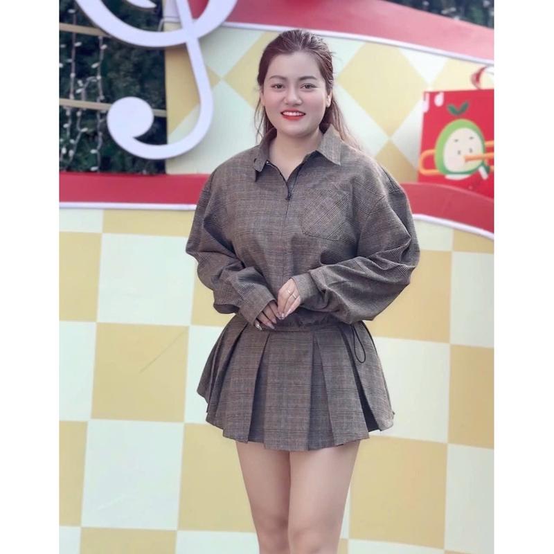 261 MỚI BIGGSIZE Set dạ kẻ nữ áo sơ mi khoá rút dây hai bên kèm quần váy xoè cạp cao Top Women