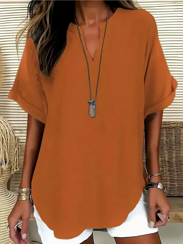 【Plus Size】 Solid Notched Neck Blouses, Casual Top for Summer, Women's Clothing for Daily Wear 4