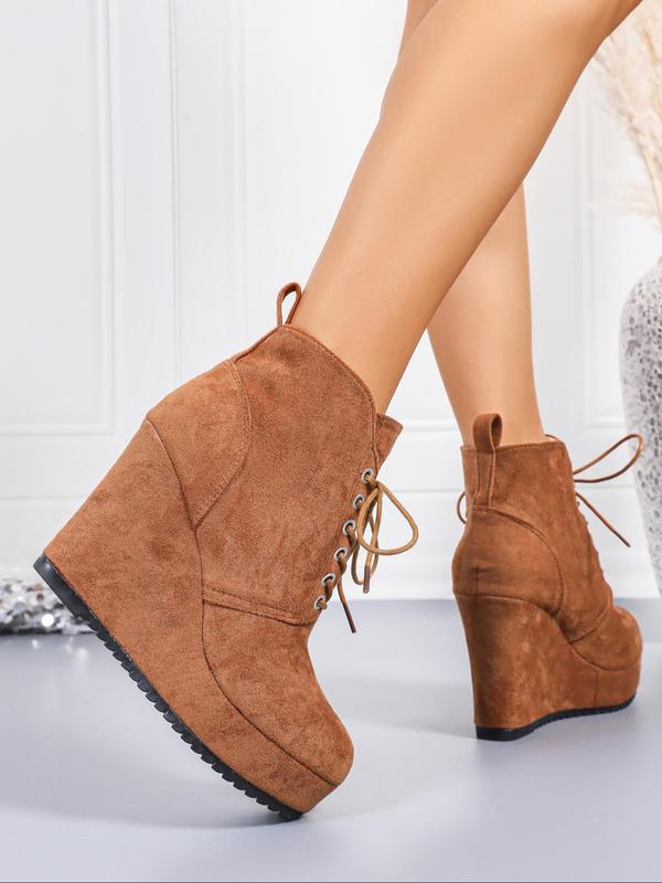 Women's Fashionable Solid Color Lace Up Platform Ankle Boots, Casual Comfortable Wedge Boots for Fall & Winter, Female All-match Trend Shoes for Daily Wear 3