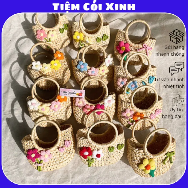 Túi cói nhỏ lục bình mini size 15cm đính phụ kiện hoa, nơ siêu dễ thương Tiệm Cói Xinh