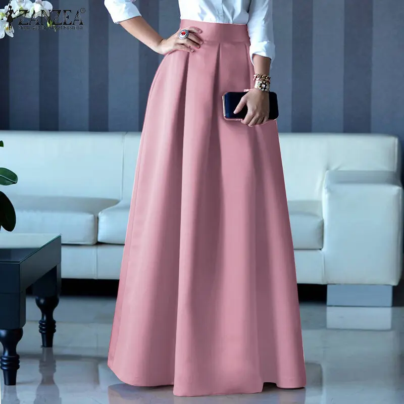 ZANZEA Women Fashion Satin Evening Party Maxi Skirt Zipper