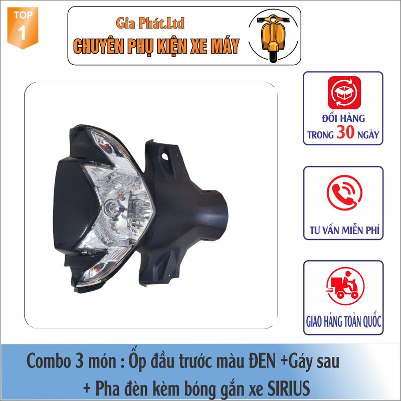  Bộ ốp đầu màu ĐEN gắn xe SIRIUS đầy đủ Ốp đầu trước Gáy sau và Pha đèn kèm bóng 