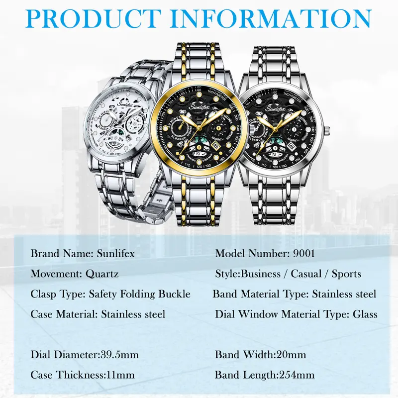 Sunlifex Jam Tangan Pria Original Display Kuarsa Anti Air Tali Stainless Steel Santai Mode Jam Tangan Cowok SL9001 3