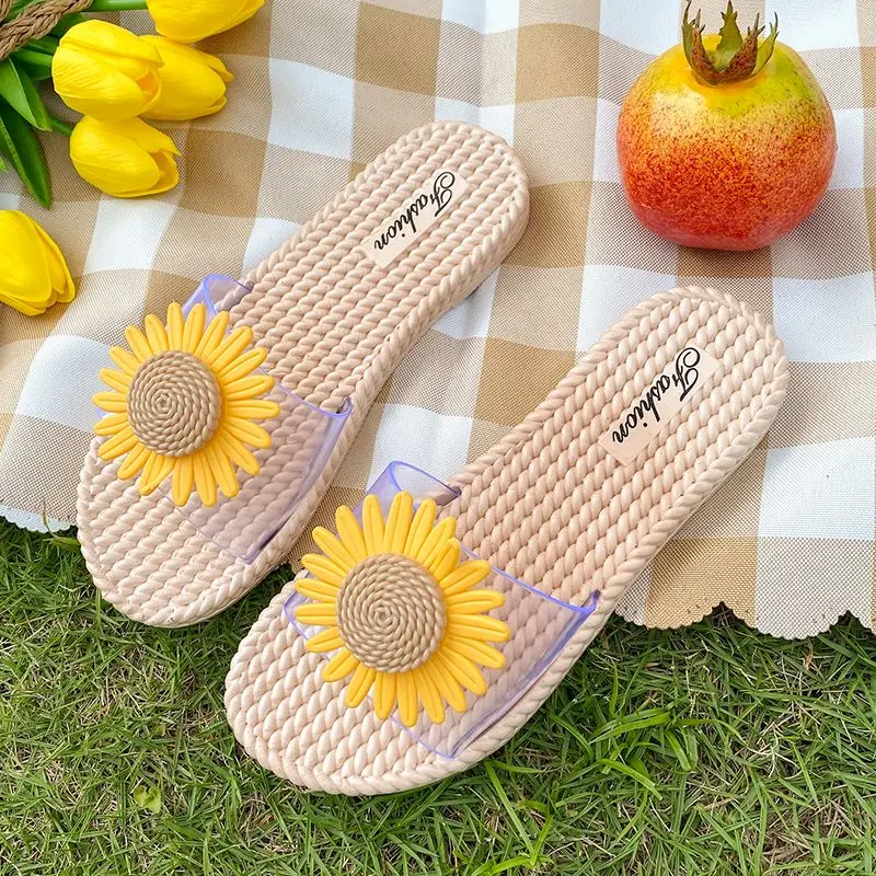 Dép Đi Ngoài Trời Mùa Hè, Dành Cho Nữ, Gia Dụng, Thiết Kế Mới Nhất Instagram, Dép Quai Đơn, Phong Cách Thường Ngày Hàn Quốc, Không Trơn Trượt, Họa Tiết Bông Hoa Hướng Dương DéP Slipper Women Đồng