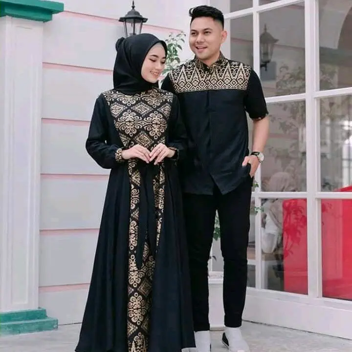 baju batik couple pasangan suami istri gamis syar'iah modern terhits elegan kemeja lengan pendek motif prada Katun kombinasi  kondangan  pesta  seragam Muslim Wanita 4