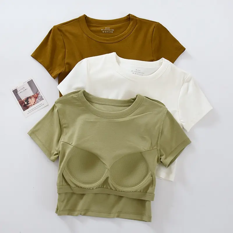Women Crop Top Round Neck Shorts Sleeve Bra Padded Tops T-Shirt Fabric Womenswear Collar Pullover