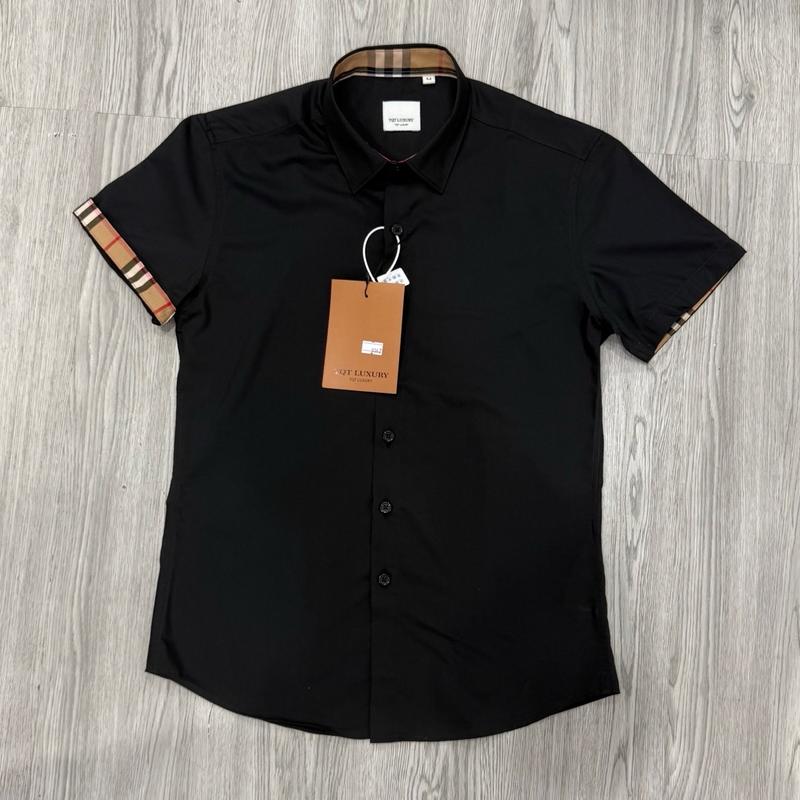 Áo Sơ Mi Ngắn Tay Đen Phối Cổ Tay Vải Cotton Lụa Mềm Mịn Nam Menswear Shirt Cổ Tròn Kem Có Cổ Kate Jean