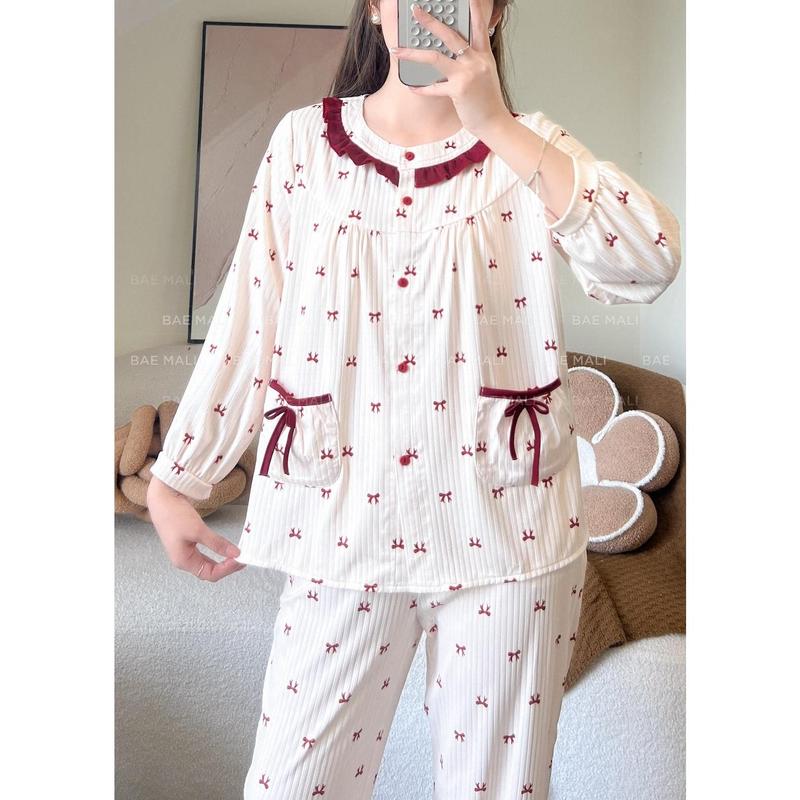 BAE MALI - Bộ mặc nhà dài tay nơ đỏ viền lụa SP548 2