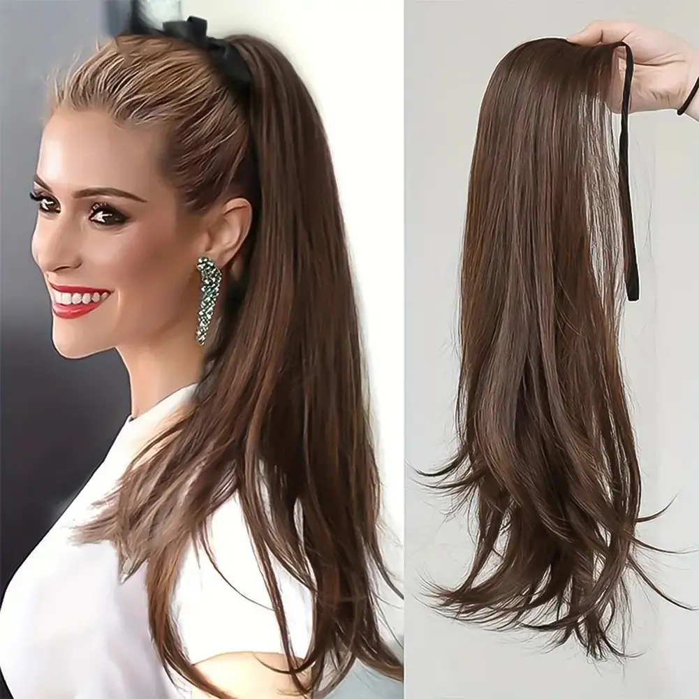 Synthetic Long Wavy Curly Ponytail Wig Women Ribbon Drawstring Tied Hair Tail Hair Extension Natural Fake Hairpiece #473406