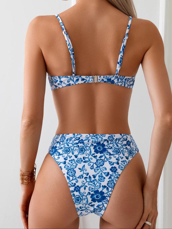 Two-Piece Set Women's Summer Floral Print Bikini Set, Adjustable Strap Shirred Bikini Top & High Waist Bikini Bottom, Two-piece Swimsuit for Summer Beach Holiday Vacation, Swimsuit Sets Bathing Suits 2024 for Women Summer 1