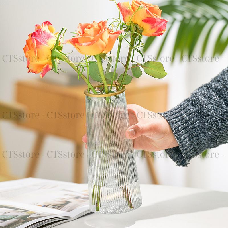 Lọ hoa thủy tinh vân sọc sang trọng CTSstore  - Cao 21.5cm | Miệng 7cm | Thủy tinh dày viền mạ vàng 9