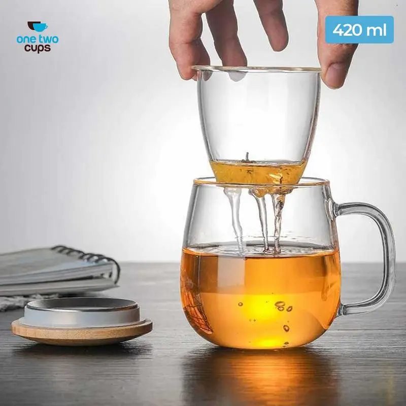 Gelas Cangkir Teh Tea Cup Mug with Infuser Filter / Gelas Cangkir Teh Thai Tea Kopi Manis Celup Gandum Hijau Herbal Jamu Rempah Bunga Poci Tarik Tubruk Tongji Herbal Hangat Kacamata Infuser Saringan Penyaring Arab Anti Panas Pecah Beling China Cina Japan 0