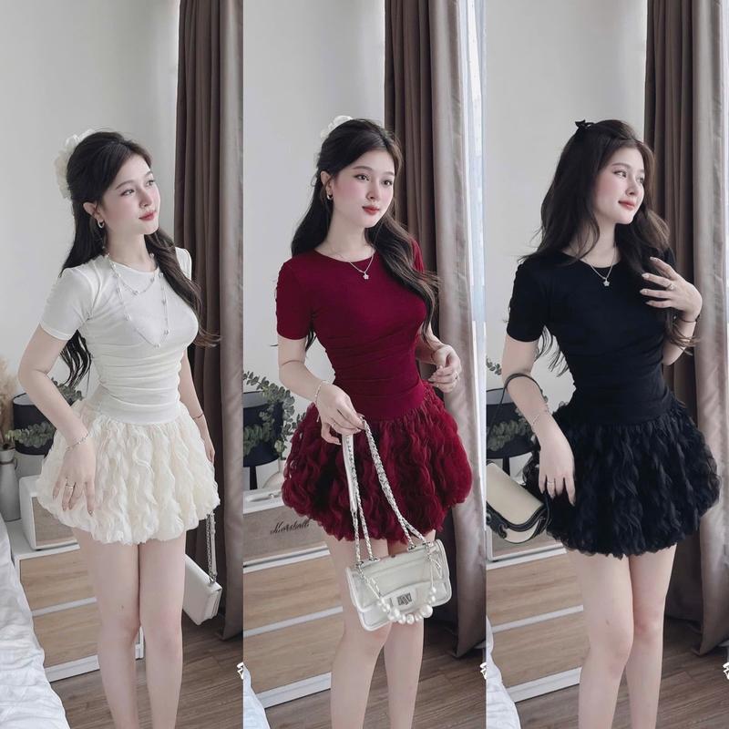 Váy thun nhũ nhún eo phối chân váy tơ sóng ( kèm quần bảo hộ) - UY VU