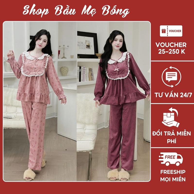 COMBO 2 Bộ Thu Đông Mặc Bầu Và Sau Sinh Tiểu Thư Babydoll Chất Nhung Tăm Dưới 72kg Dành Riêng Cho Mẹ Bầu Thoải Mái Xinh Xắn Váy Bầu
