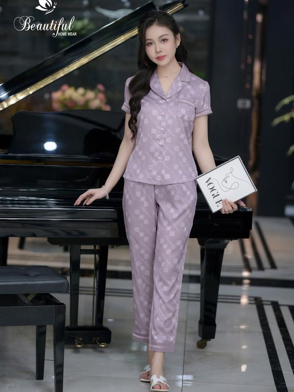 Đồ bộ nữ mặc nhà Y655B Lụa Mịn tay cộc TÍM phi tiêu cổ PJM 3