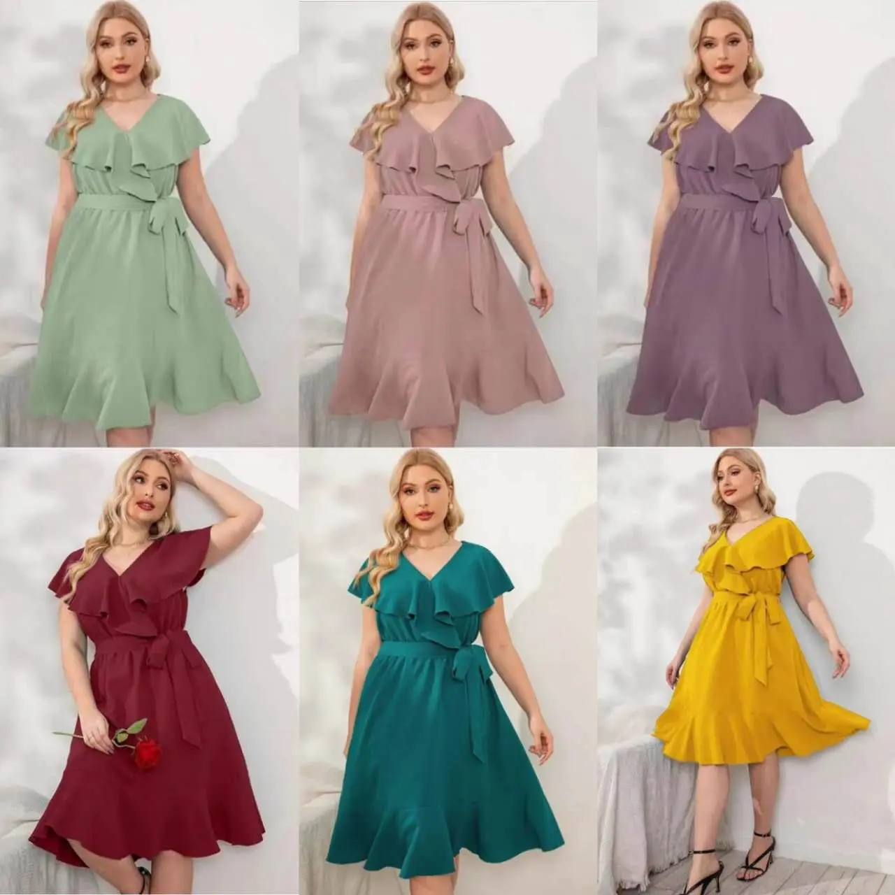Kelly PH Plus Size Elegant Summer Casual Fitted Solid Color Ruffle Style A-Line Mid Dress Lingerie Womenswear Lady Casual Wear