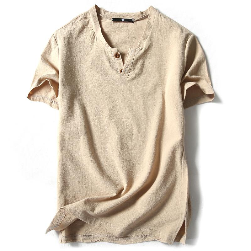 Men's Plain Shirt V-neck Tshirts Japanese Harajuku Cotton Linen With Buttons Csual Short Sleeves White T shirt  Big Size 4XL 5XL 7