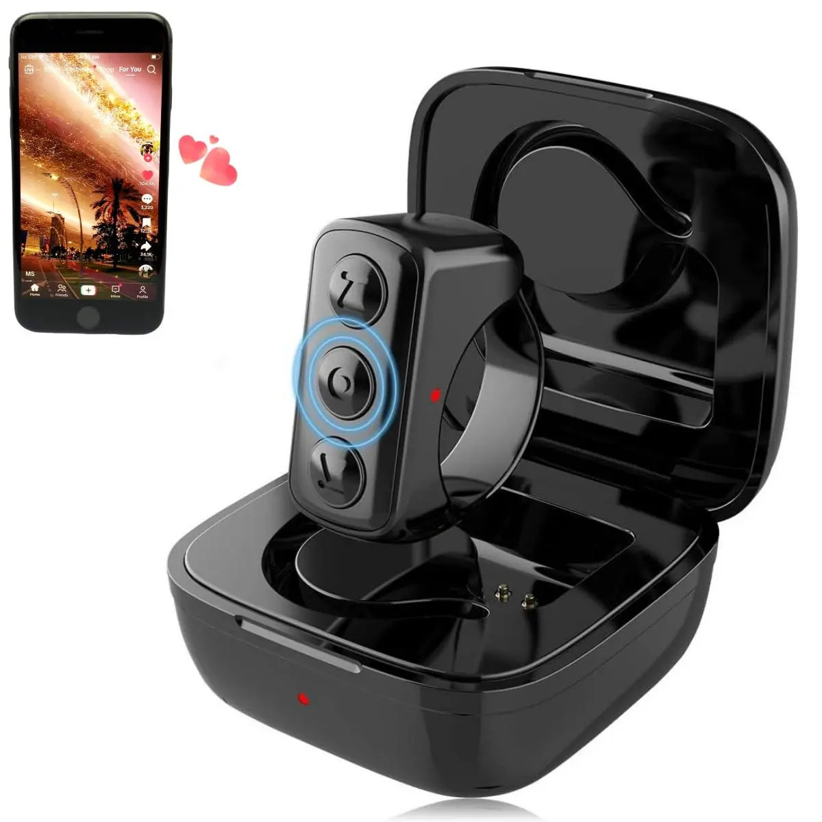 Wireless Remote Control Selfie Device, BT Camera Video Recording Remote Control with Charging Case, Portable Page Turner Compatible with iOS & Android System