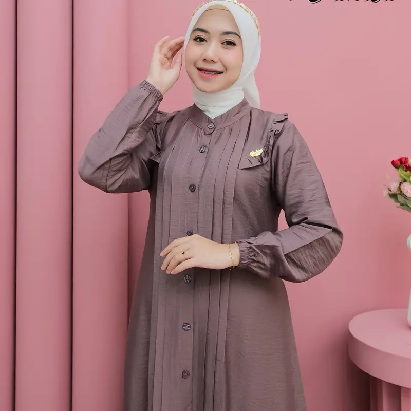 Aleva Midi Dress Polo Linen Kancing Premium By VanilaHijabFashion Lembut Wanita Muslim Linen Midi Nyaman Mewah 1