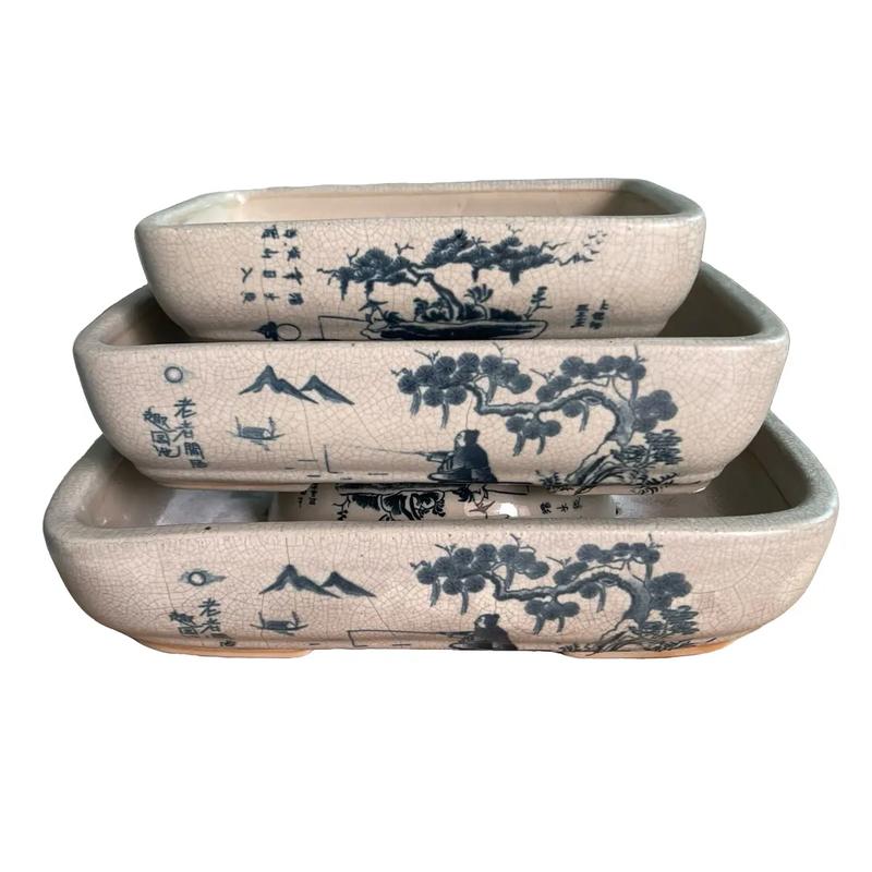  Bộ 3 chậu gốm men rạn chữ Nhật bonsai mini  21,5x15x5 ; 27x18x6,5 ; 30x22x7   