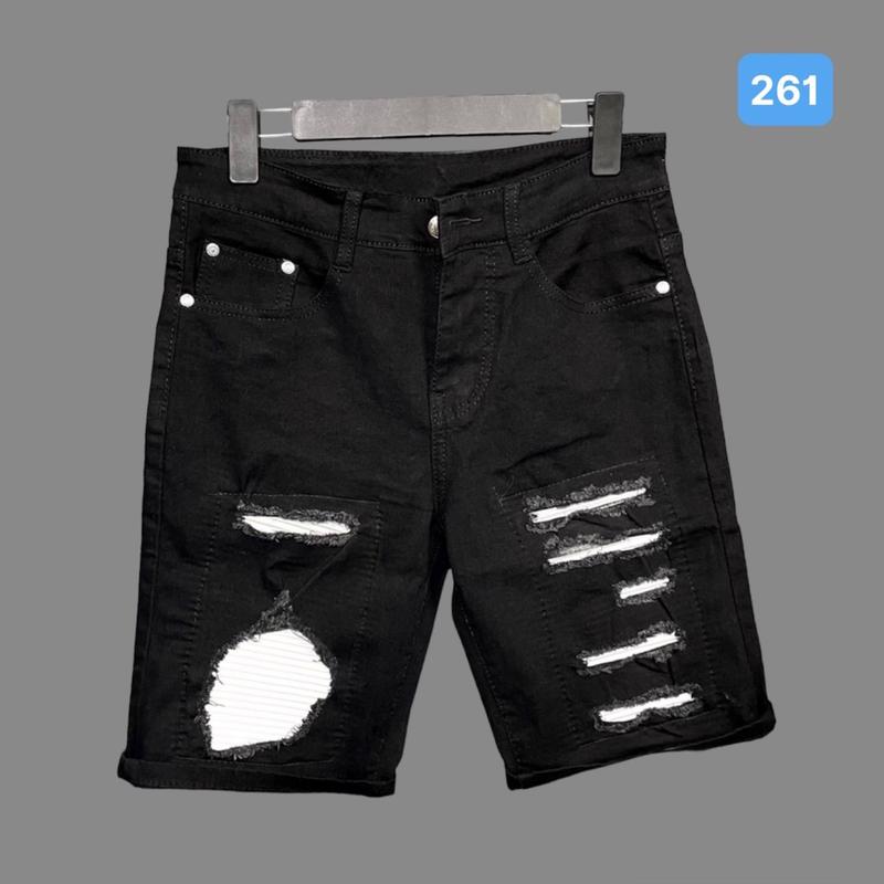 Quần short jean nam 261 màu đen co giãn vá da trắng có lớp lót , quần sọt jean nam, quần đùi jean, quần jean nam ngắn, quần rin nam ngắn, co giãn size ( 40 - 75kg ) Menswear Có Túi