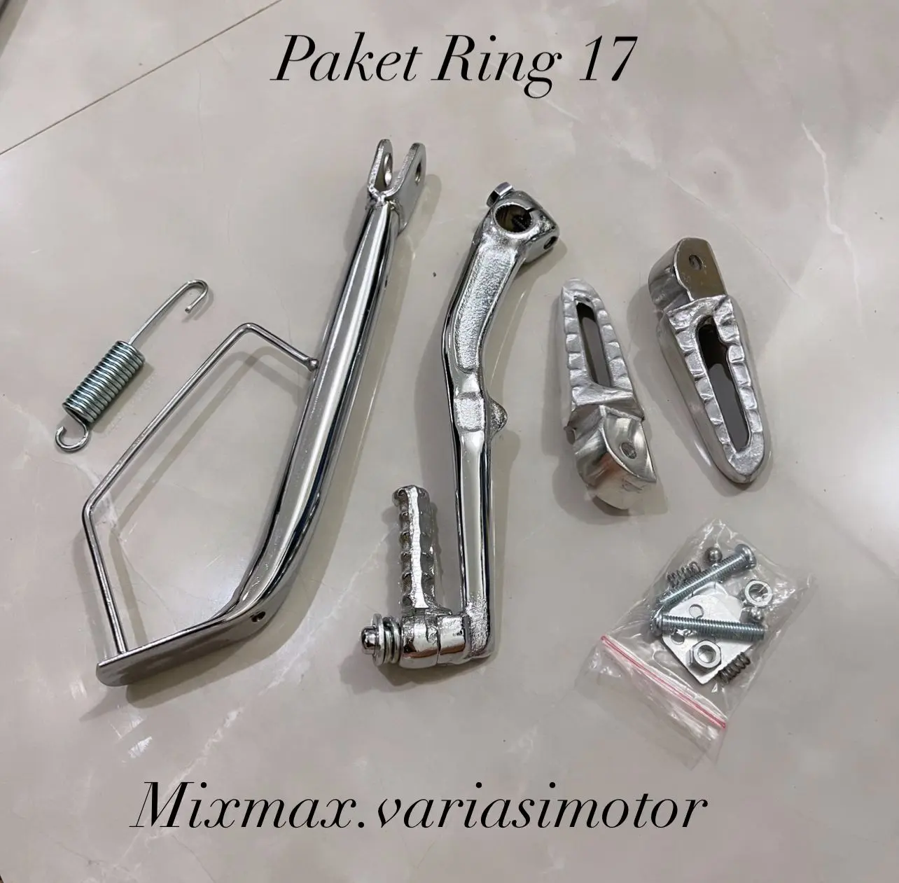 PAKET LENGKAP STANDAR SAMPING RING 17 DAN RING 14 CHROME PLUS  SELAHAN ENGKOLAN CROME PLUS FOOTSTEP STEP BELAKANG PIJAKAN KAKI PNP MOTOR VARIO BEAT SCOOPY DLL Tidak ada penilaian