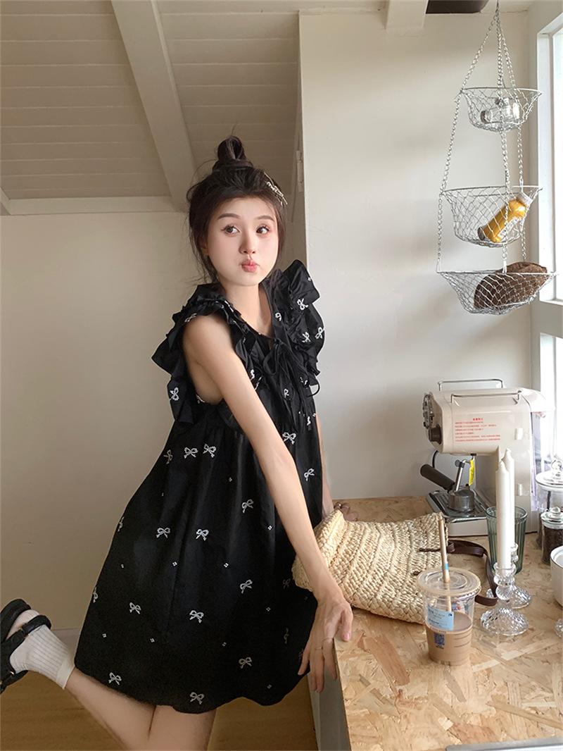 Product Introduction of JLYDQ*Sweet doll skirt with small flying sleeves, black dress for women in summer, loose ruffled hem, belly covering, short skirt, cute jumpsuit, short skirt 9